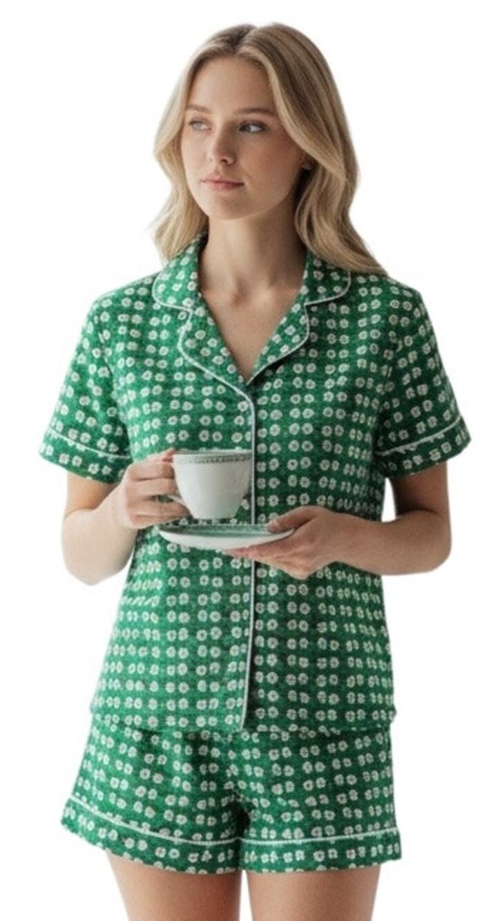 Anthropologie Ro's Garden Cora Short Slv Notch Collar Pima cotton Pajama Set M - Picture 1 of 6